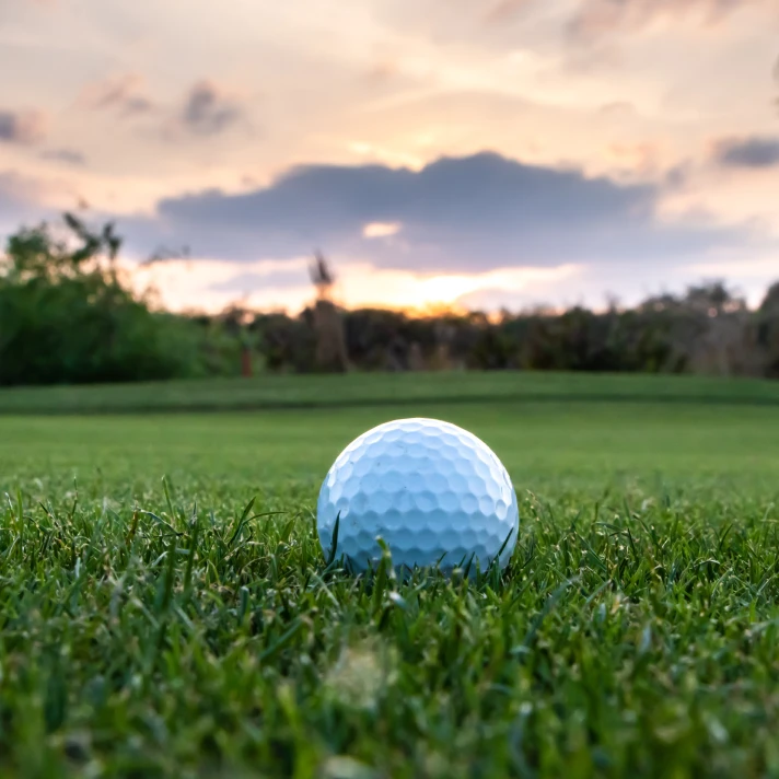 Close-up of a golf ball on the tee at sunrise, at a charity event for veterans.