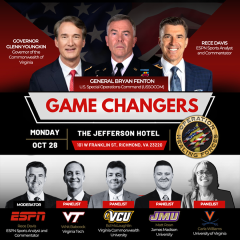 Governor Glenn Youngkin, General Bryan Fenton, and ESPN’s Reece Davis at the Game Changers event hosted by Operation Healing Forces, a Military Charity Organization