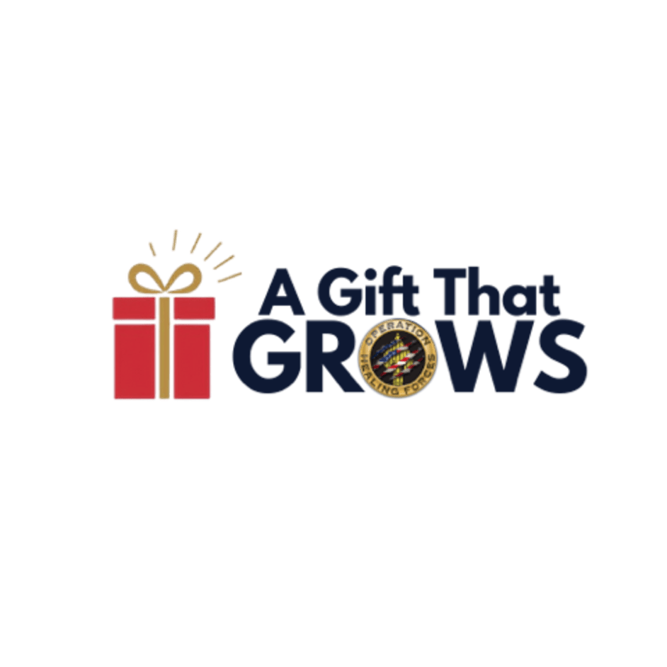 wrapped gift with the Operation Healing Forces Logo and text "A Gift that Grows"